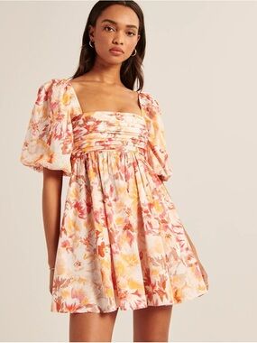 Abercrombie & Fitch Floral Puff-Sleeve Mini Dress - Pink & Yellow